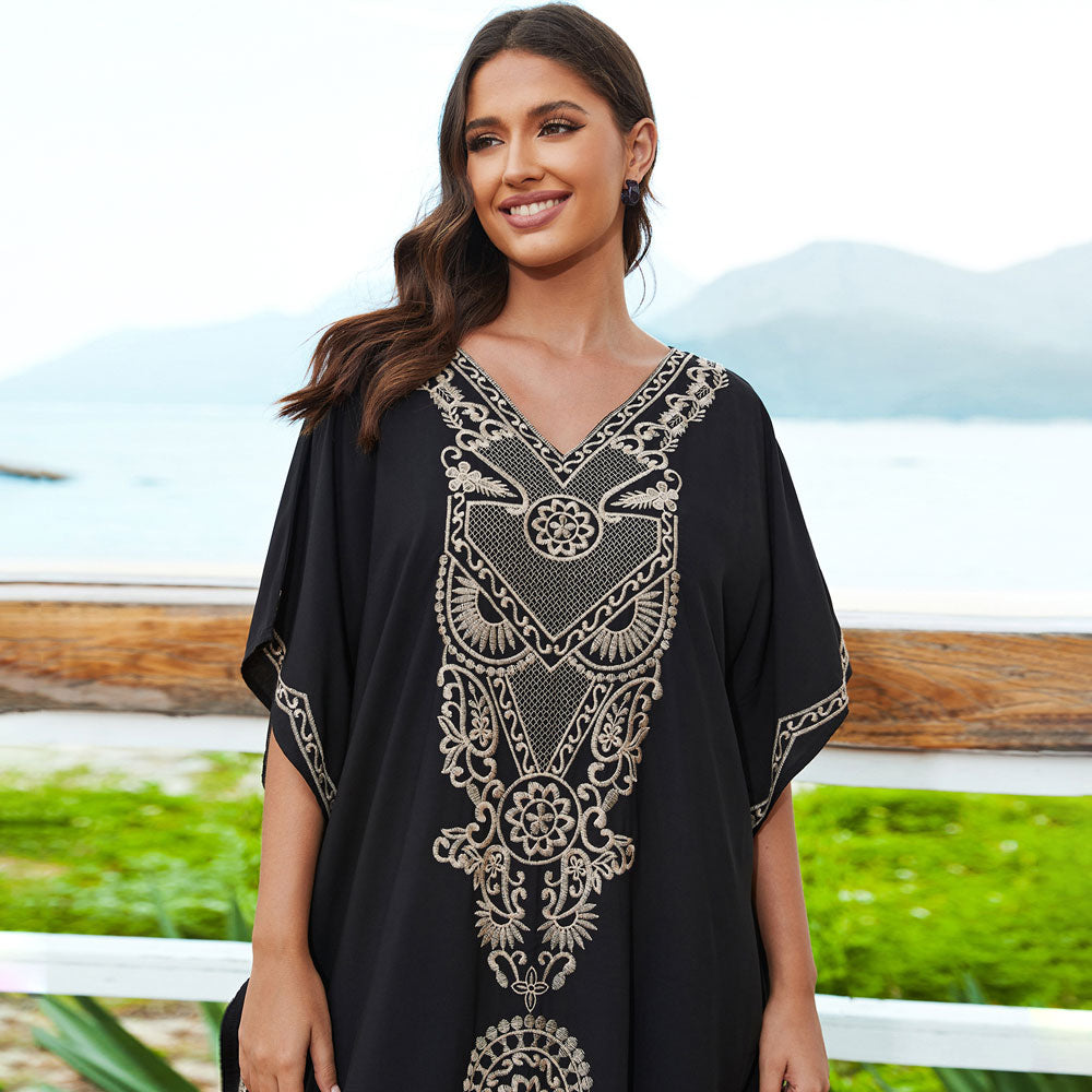 Exotic Contrast Eagle Printed Lace Up V Neck Side Split Caftan Beach Cover Up