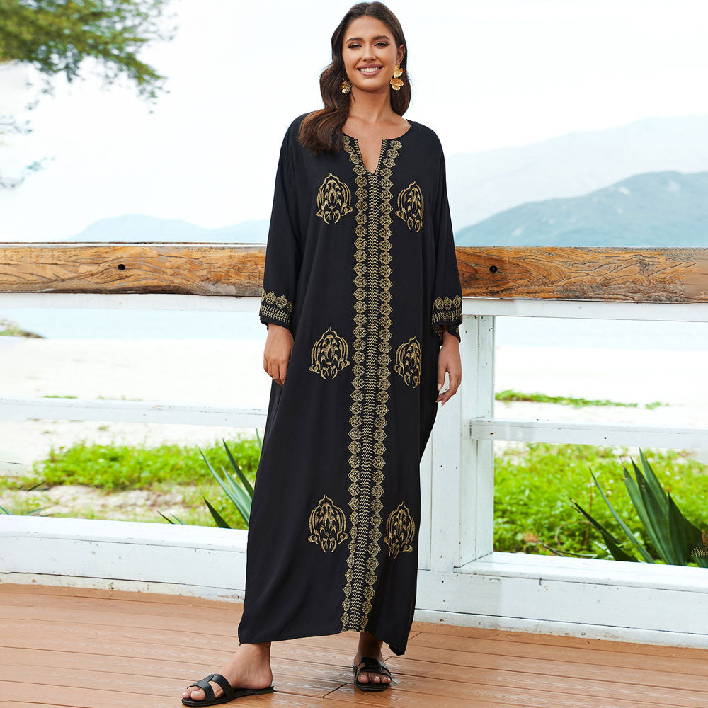Exotic Floral Contrast Embroidered V Neck 3/4 Sleeve Caftan Beach Cover Up