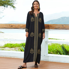 Exotic Floral Contrast Embroidered V Neck 3/4 Sleeve Caftan Beach Cover Up