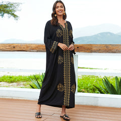 Exotic Floral Contrast Embroidered V Neck 3/4 Sleeve Caftan Beach Cover Up