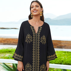 Exotic Floral Contrast Embroidered V Neck 3/4 Sleeve Caftan Beach Cover Up