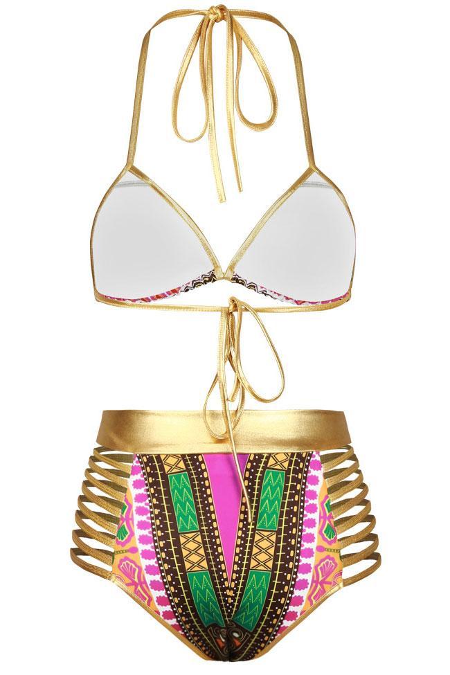 Metallic Strappy High Waist Slide Triangle Bikini - Two Piece Set