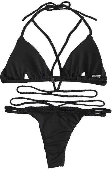 Black Halter Triangle Braided Strappy Cheeky Bikini