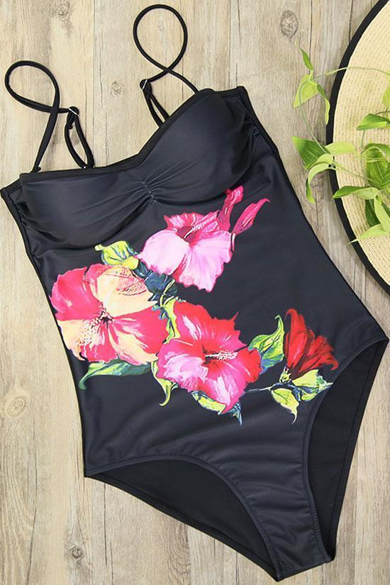 Black Floral Printed Push Up Bandeau One Piece Swimsuit