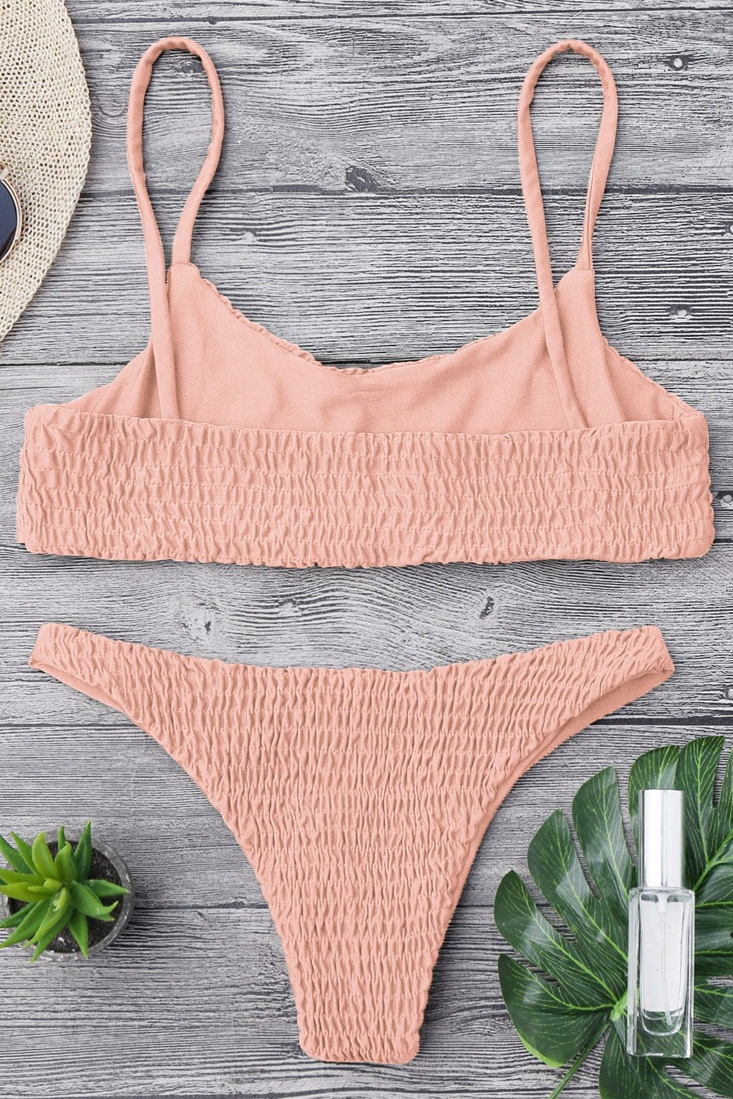 Pink Smocked Scoop Neck High Cut Cheeky Two Piece Brazilian Bikini