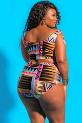 Plus Size Ethnic Geometry Printed Ruffle Bikini - Two Piece Set