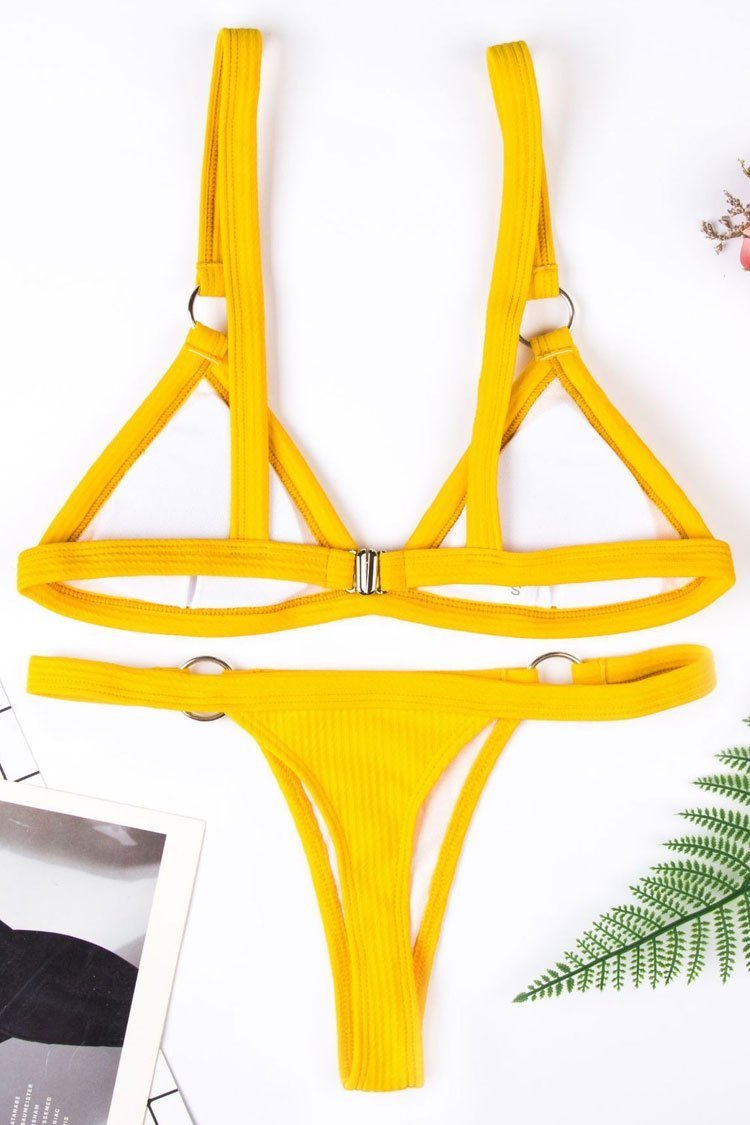 Yellow Ribbed Metal Ring Triangle Bikini
