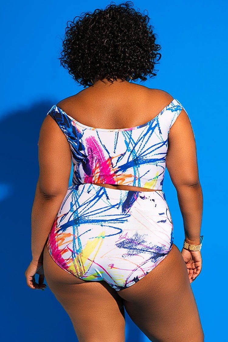 Plus Size Scrawl Ruffle Crisscross Strappy High Waisted Bikini - Two Piece Set