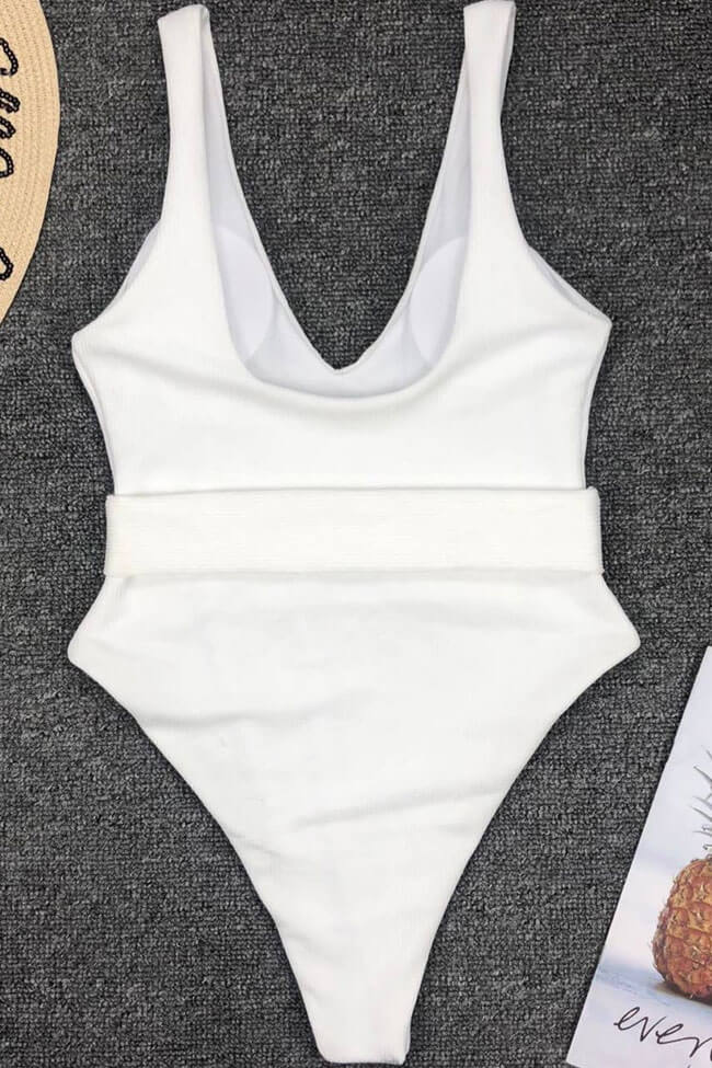 Elegant Ribbed High Leg Belted Deep V One Piece Swimsuit