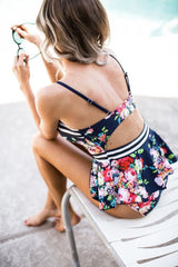Dark Blue Sweetheart High Waisted Stripe Floral Print Ruffle Cute Peplum Tankini Swimsuit