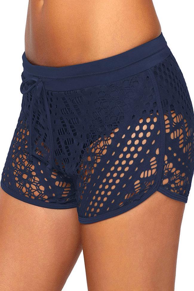 Tied Front Hollow Out Lace Overlay Boyshort Bikini Bottom