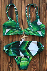 Green Tropical Leaf Print Braided Triangle Bikini Set