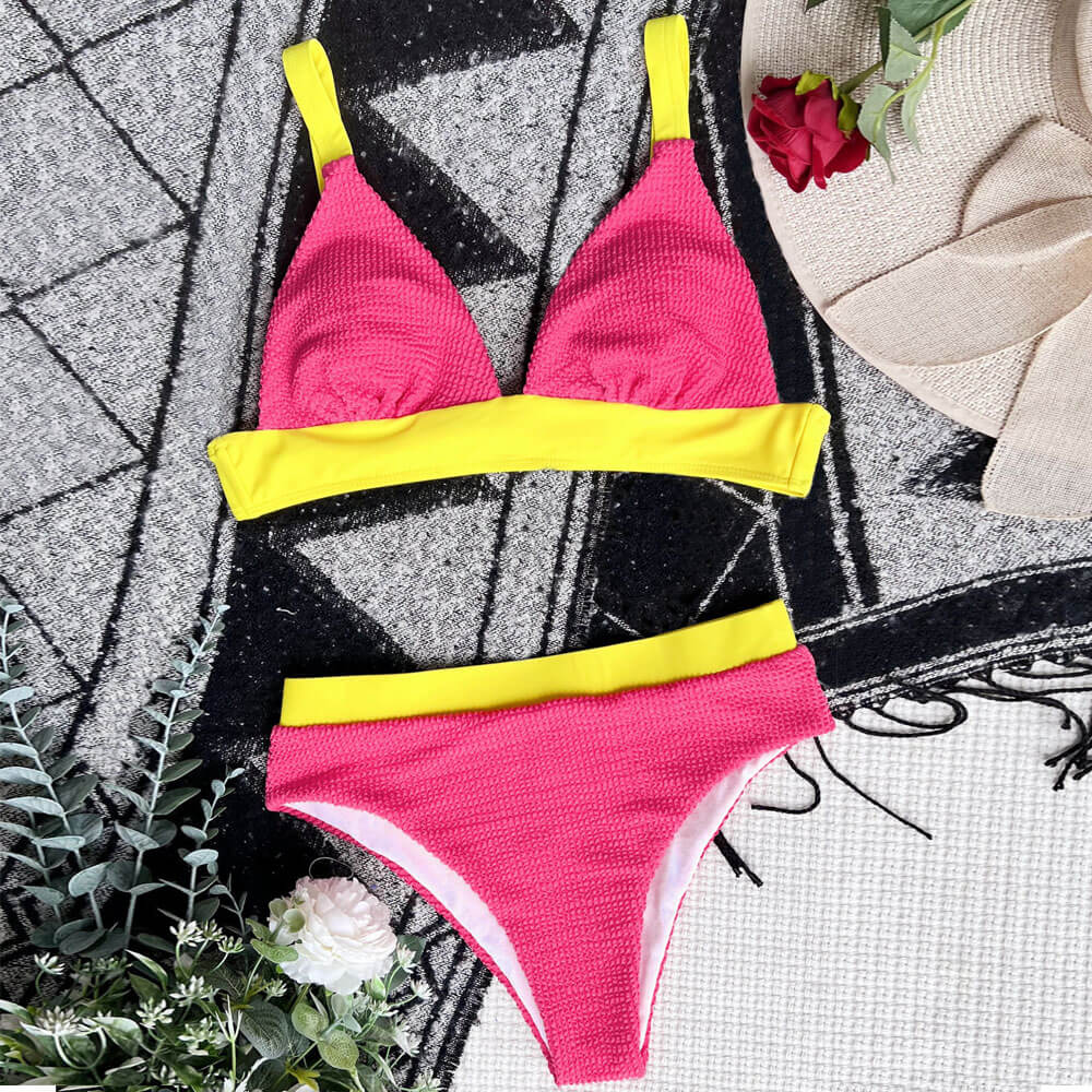 Fabulous Textured Contrast Trim Triangle Brazilian Two Piece Bikini