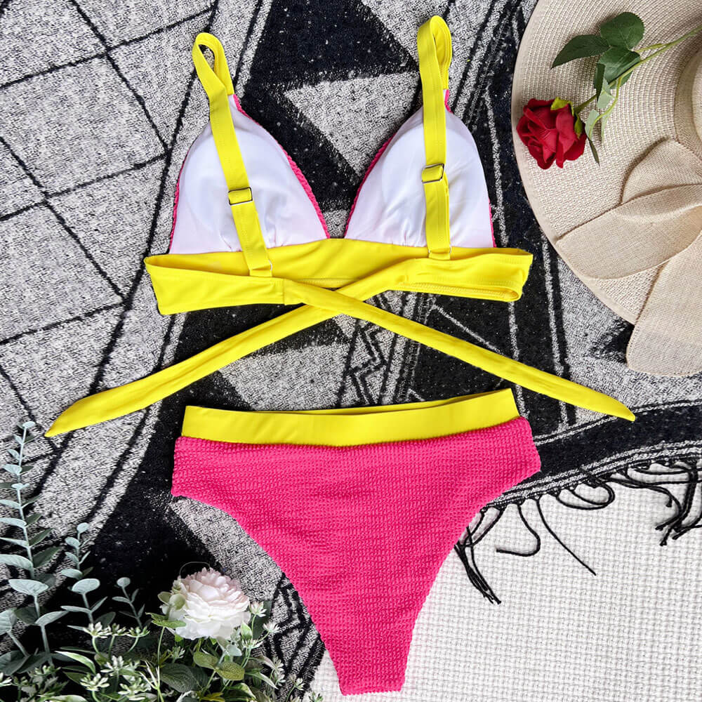 Fabulous Textured Contrast Trim Triangle Brazilian Two Piece Bikini