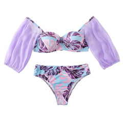 Fairy Cheeky Leaf Print Puff Sleeve Push Up Brazilian Two Piece Bikini