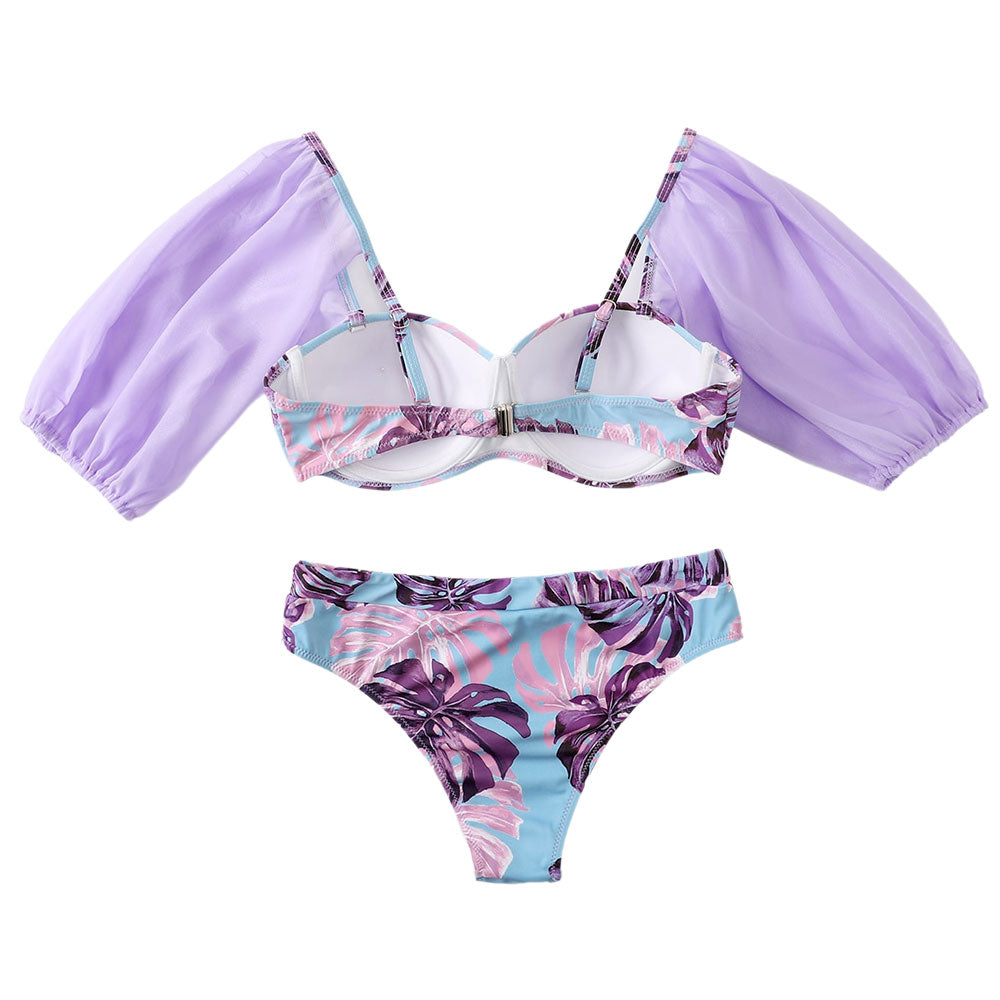 Fairy Cheeky Leaf Print Puff Sleeve Push Up Brazilian Two Piece Bikini
