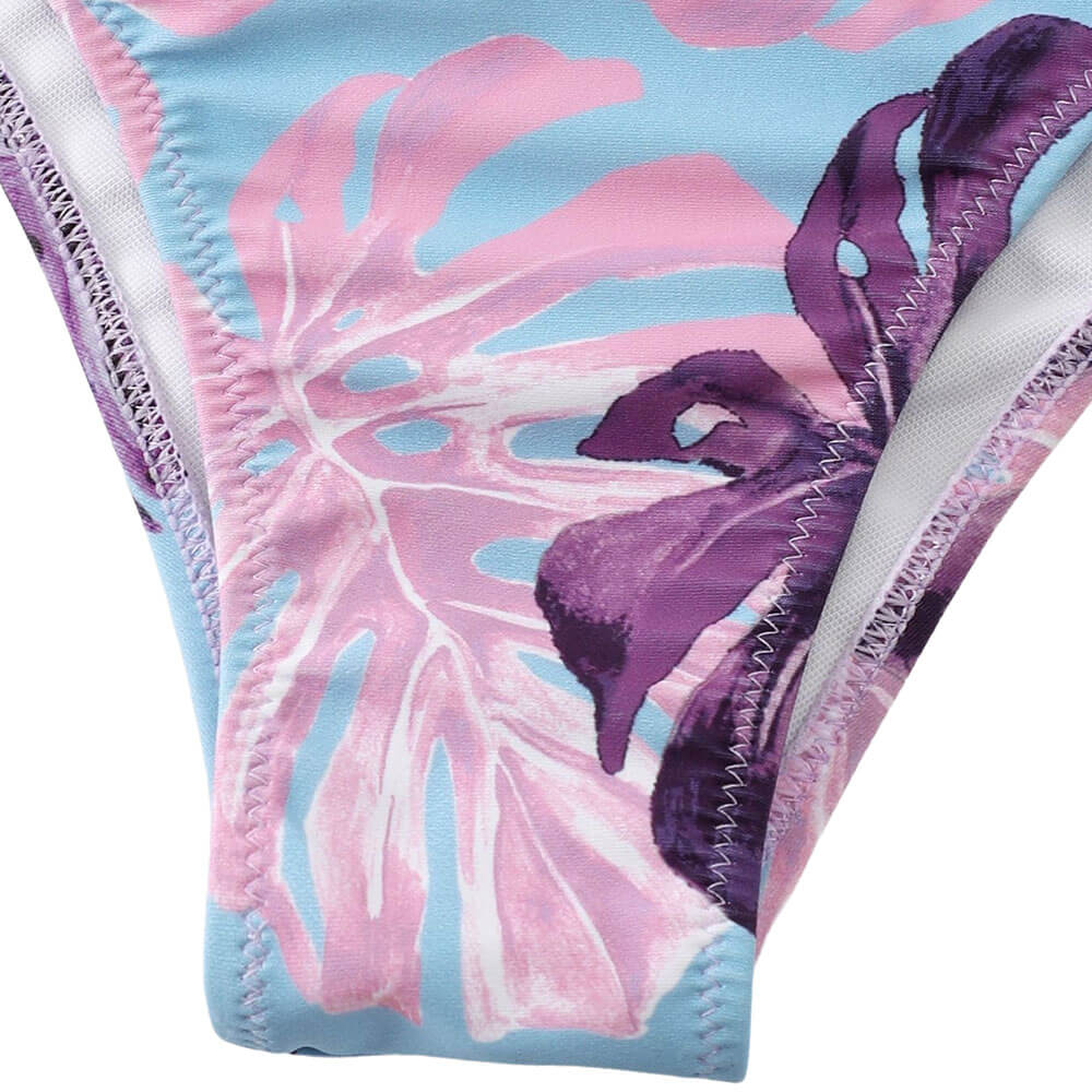 Fairy Cheeky Leaf Print Puff Sleeve Push Up Brazilian Two Piece Bikini
