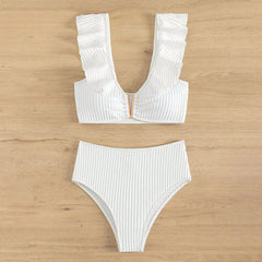 Fairy Rib Knit High Waist Moderate Ruffle Notch Brazilian Two Piece Bikini