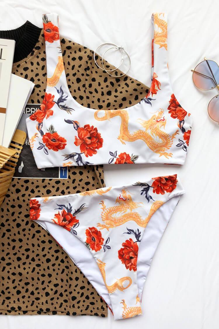 Athletic Printed Scoop Neck Bikini - Two Piece Set