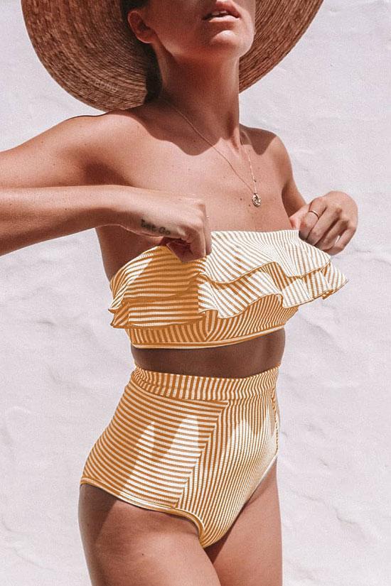 High Waisted Striped Ruffle Bandeau Bikini - Two Piece Swimsuit