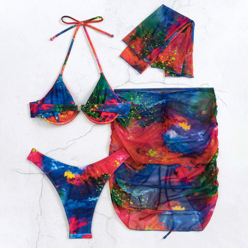 Fierce Tie Dye Gloves High Cut Cheeky Underwire Brazilian Four Piece Bikini