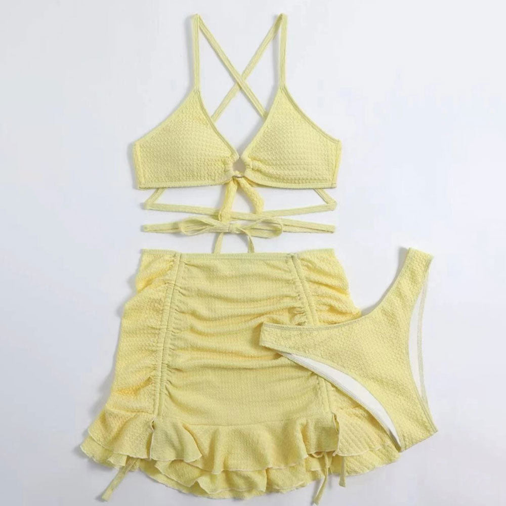 Flirty Crinkle Wrap Around O Ring Bralette Brazilian Three Piece Bikini