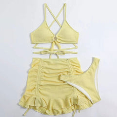 Flirty Crinkle Wrap Around O Ring Bralette Brazilian Three Piece Bikini