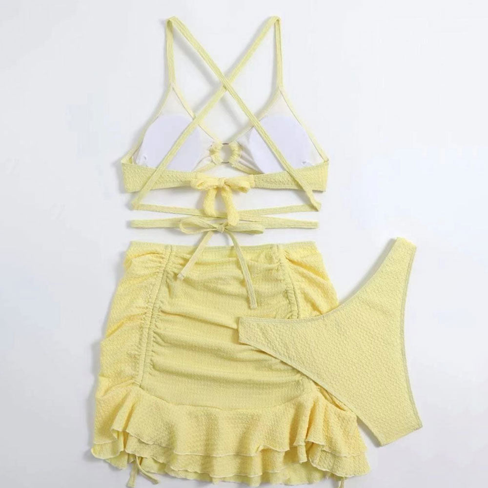 Flirty Crinkle Wrap Around O Ring Bralette Brazilian Three Piece Bikini