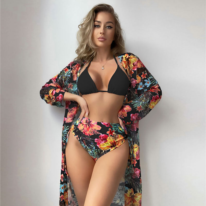 Floral Contrast High Waist Slide Triangle Brazilian Three Piece Bikini