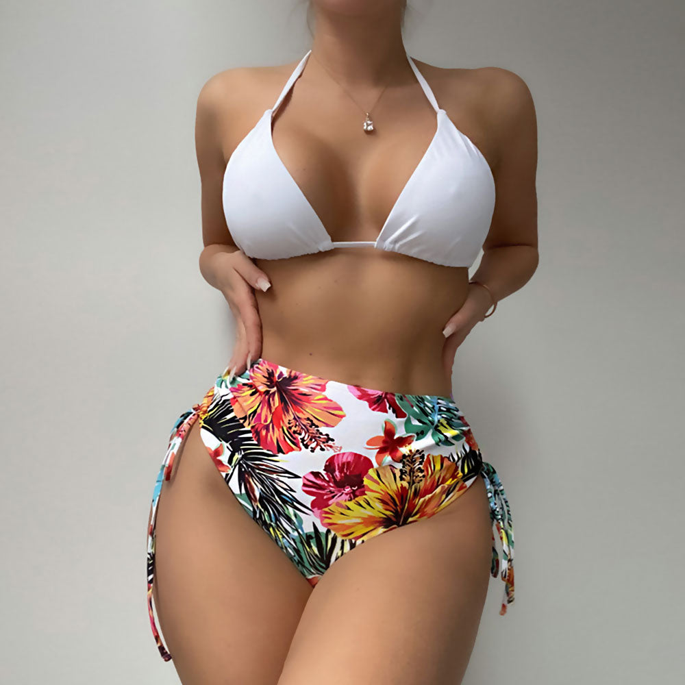 Floral Contrast High Waist Slide Triangle Brazilian Three Piece Bikini