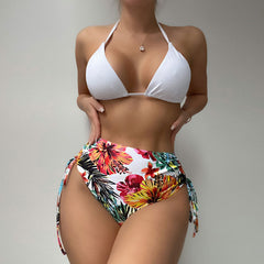 Floral Contrast High Waist Slide Triangle Brazilian Three Piece Bikini