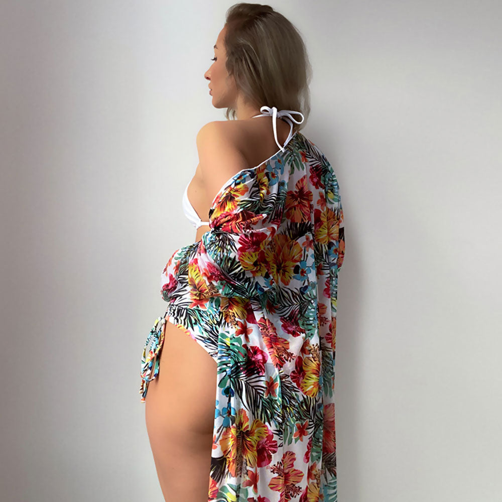 Floral Contrast High Waist Slide Triangle Brazilian Three Piece Bikini