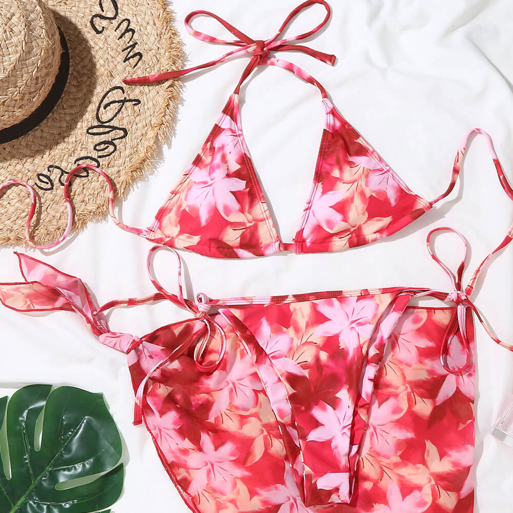 Floral Sarong Tie Dye Print Slide Triangle Brazilian Three Piece Bikini