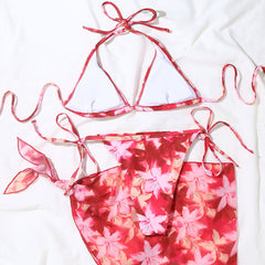 Floral Sarong Tie Dye Print Slide Triangle Brazilian Three Piece Bikini