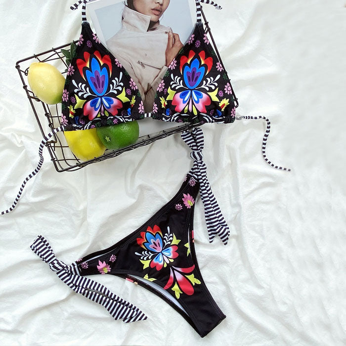 Floral Stripe Trim Halter Slide Triangle Brazilian Two Piece Bikini