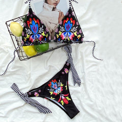 Floral Stripe Trim Halter Slide Triangle Brazilian Two Piece Bikini