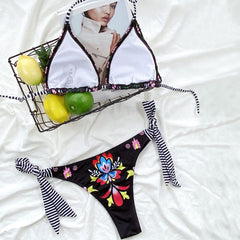 Floral Stripe Trim Halter Slide Triangle Brazilian Two Piece Bikini