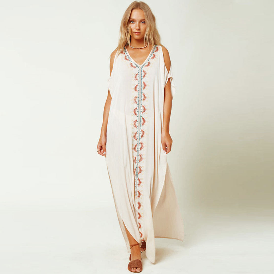 Flowy Embroidered Cut Out High Slit Brazilian Beach Maxi Cover Up