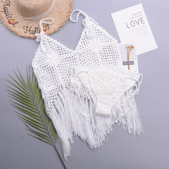 Flowy Tassel Trim Open Knit Crochet Brazilian Two Piece Bikini