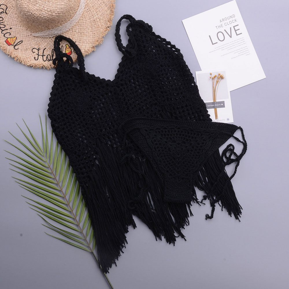 Flowy Tassel Trim Open Knit Crochet Brazilian Two Piece Bikini