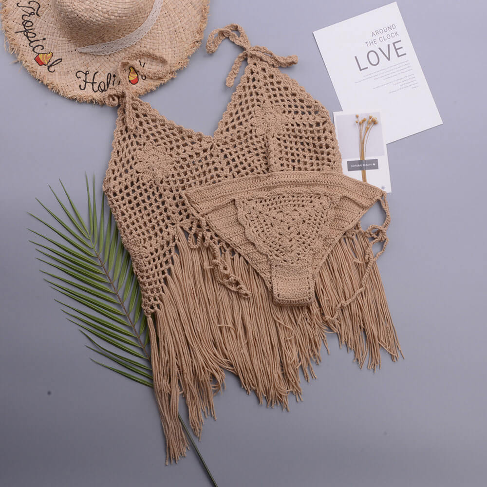 Flowy Tassel Trim Open Knit Crochet Brazilian Two Piece Bikini