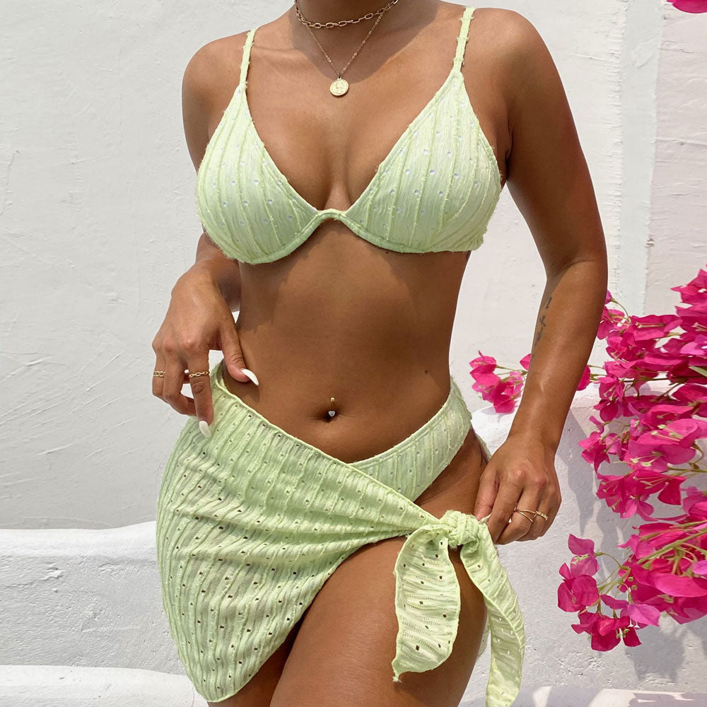 Fresh High Cut Cheeky Eyelet Rib Underwire Brazilian Three Piece Bikini