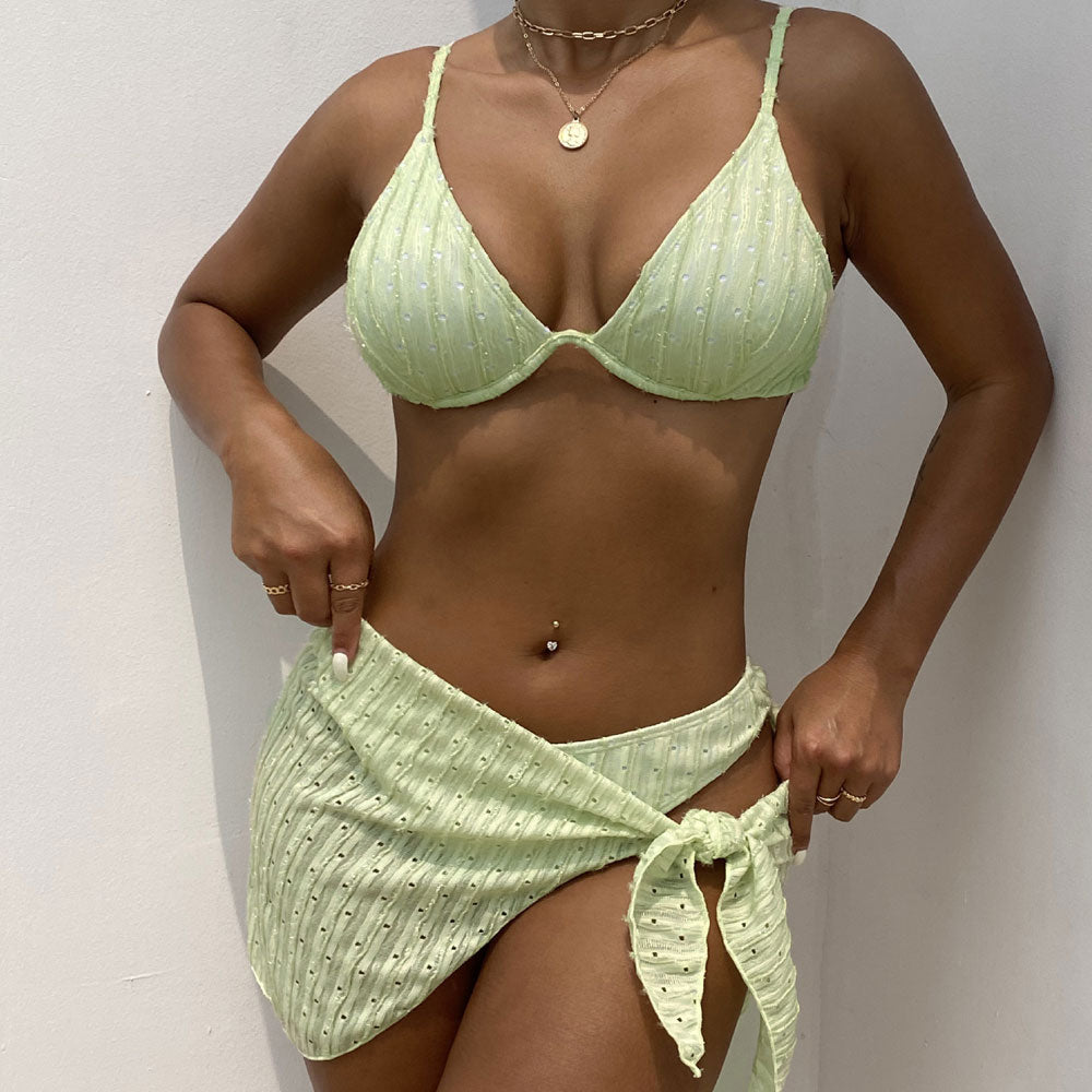 Fresh High Cut Cheeky Eyelet Rib Underwire Brazilian Three Piece Bikini