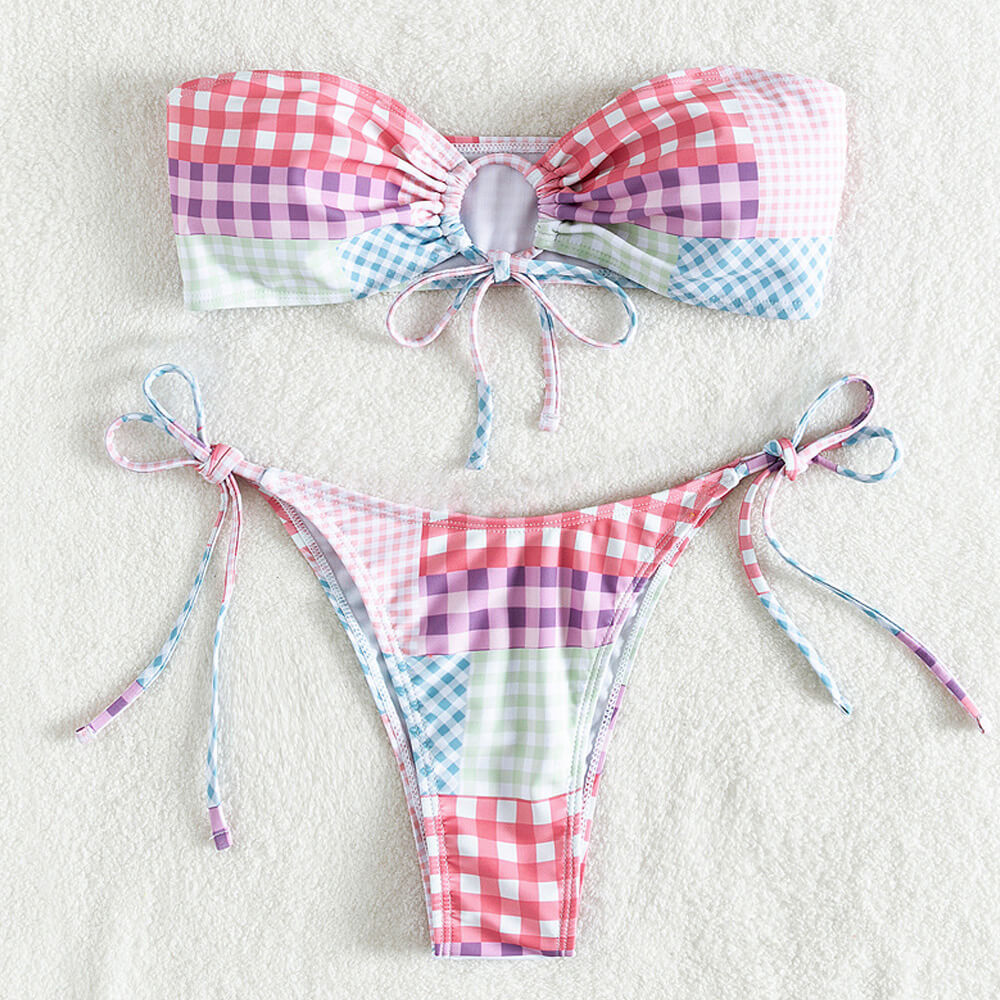 Gingham Patchwork Tie String Bandeau Brazilian Two Piece Bikini