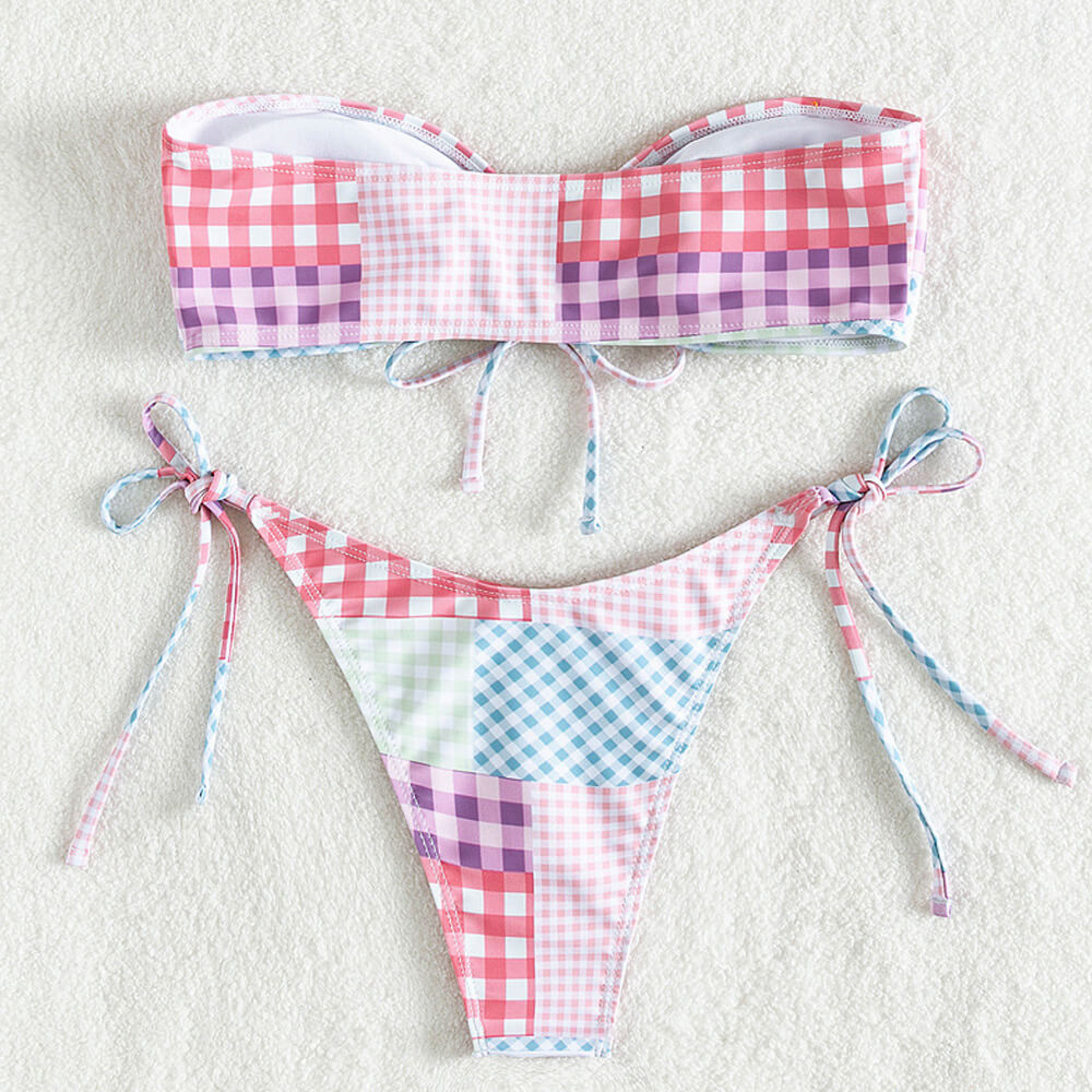 Gingham Patchwork Tie String Bandeau Brazilian Two Piece Bikini