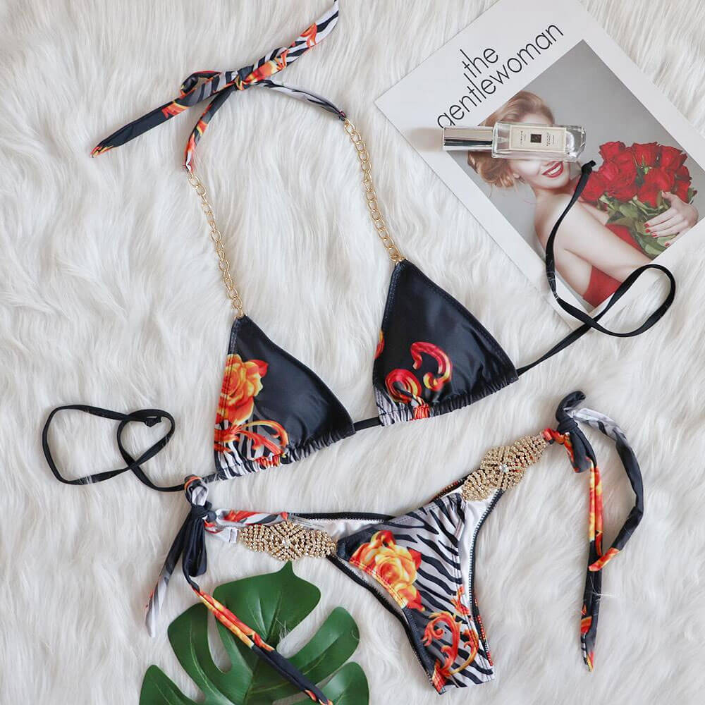 Glitter Crystal Chain Detail Slide Triangle Brazilian Three Piece Bikini