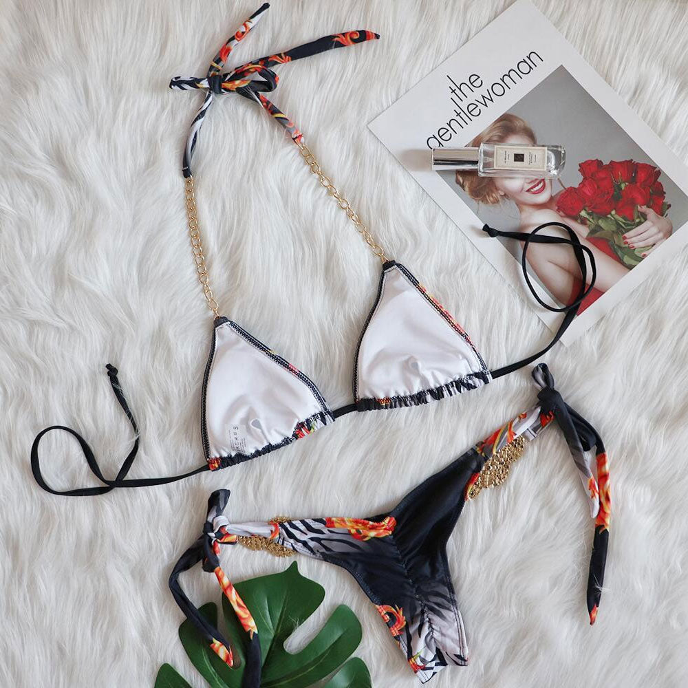 Glitter Crystal Chain Detail Slide Triangle Brazilian Three Piece Bikini