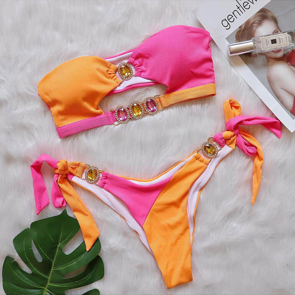 Glitter Crystal Ribbed Color Block Bandeau Brazilian Two Piece Bikini