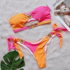 Glitter Crystal Ribbed Color Block Bandeau Brazilian Two Piece Bikini