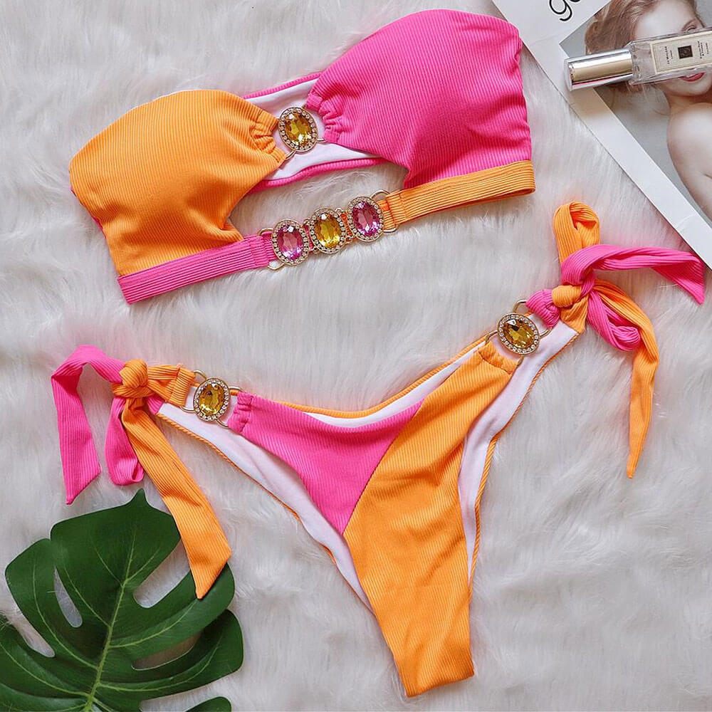 Glitter Crystal Ribbed Color Block Bandeau Brazilian Two Piece Bikini
